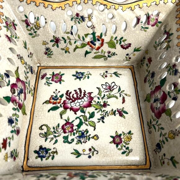 Vintage Chinoiserie Square Reticulated Chinese Porcelain Bowl Grandmillenial - Picture 3 of 8